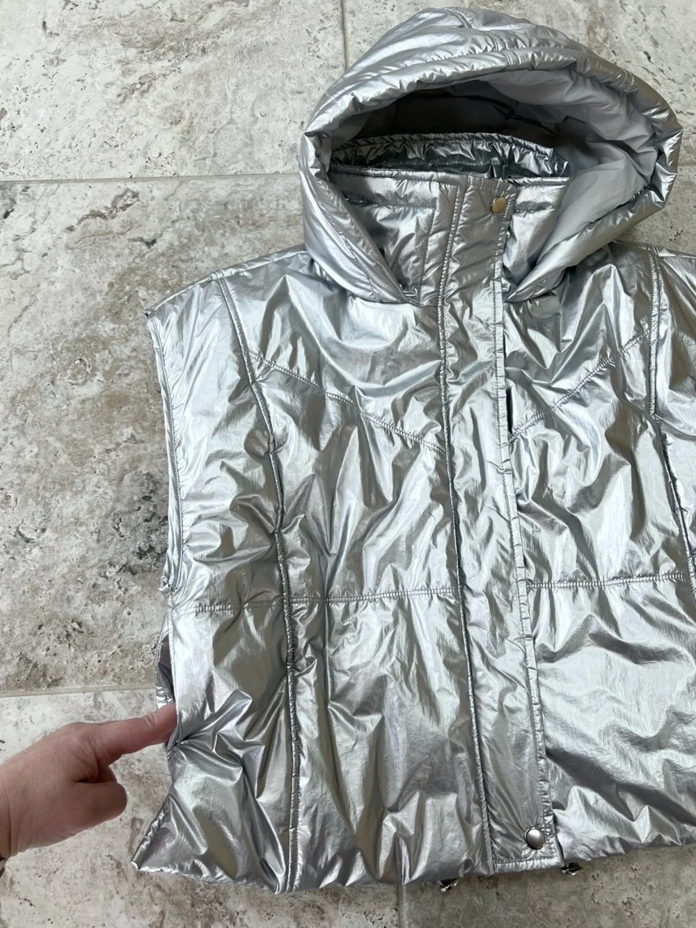 Daily Practice Anthropologie NWT Metallic Silver Hooded Puffer Vest Pockets, S